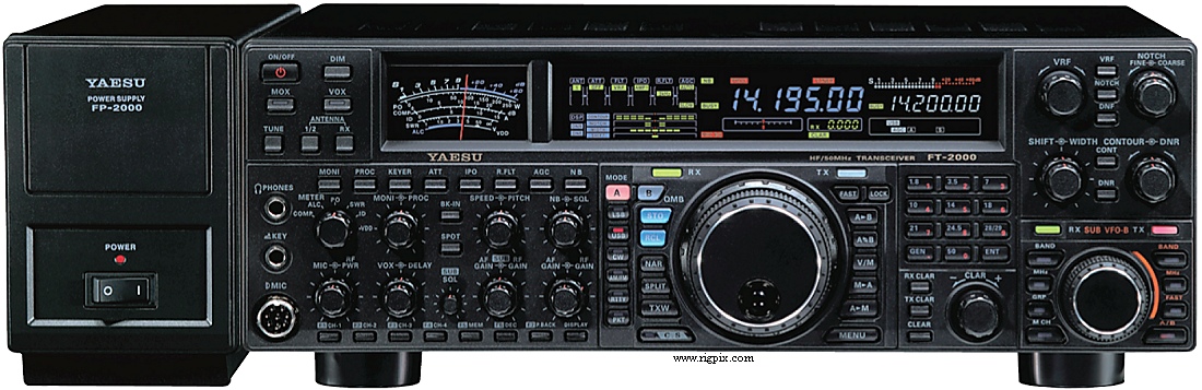 A picture of Yaesu FT-2000D with its power supply