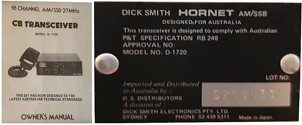 A picture of Dick Smith Hornet SSB (D-1720) label and manual