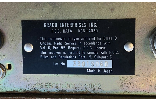 A picture of Kraco CB Super DeLuxe (KCB-4030) ID label