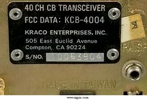 A picture of Taiwan made Kraco KCB-4004 label